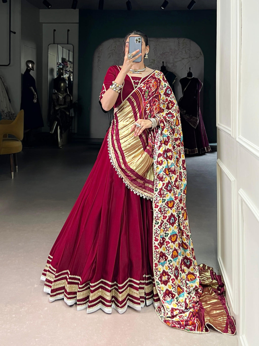 Lorenvalley Fashion Maroon Silk Georgette Lace Touch Up Lehenga Choli with Dupatta | Grocsy
