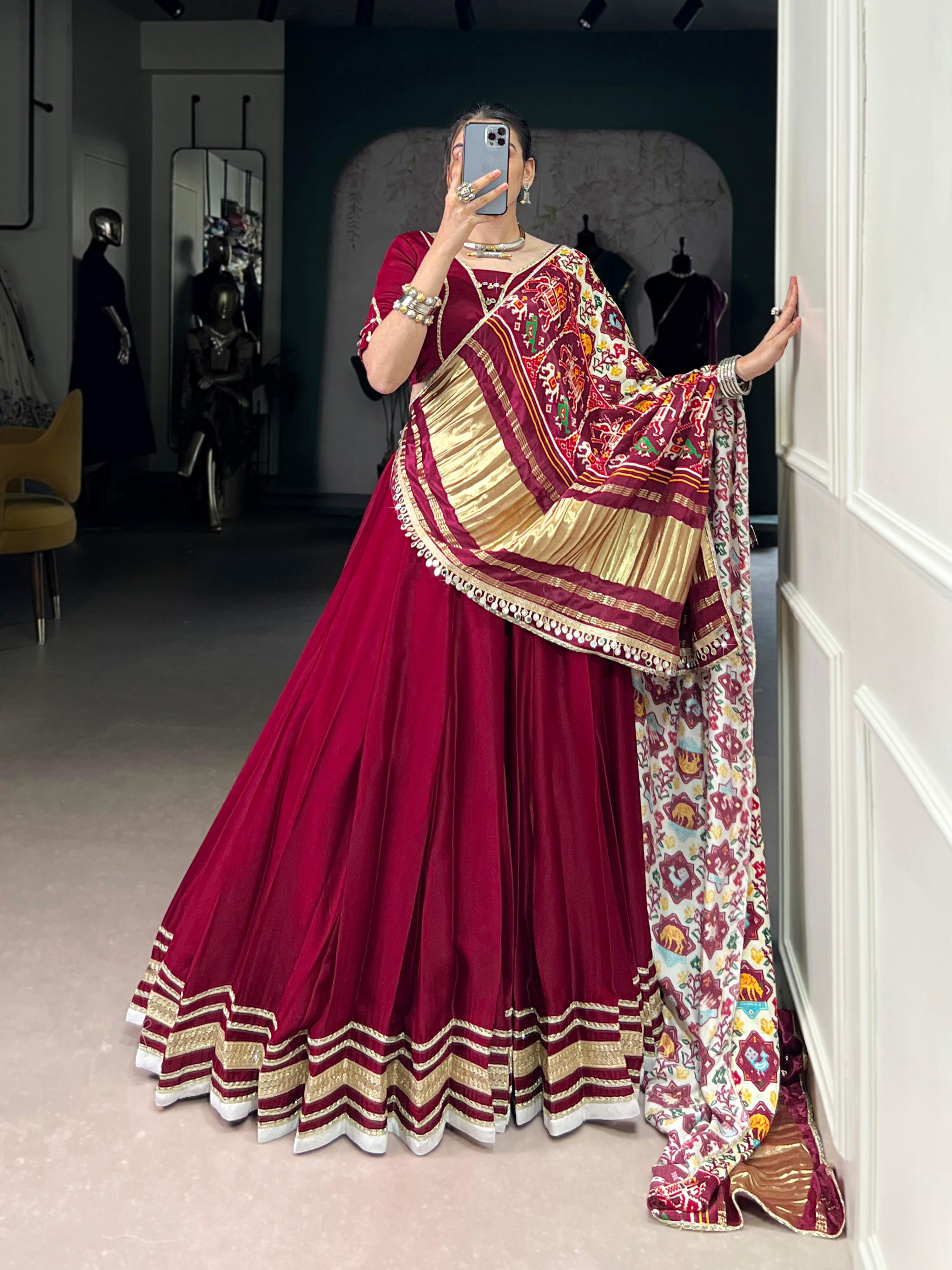 Lorenvalley Fashion Maroon Silk Georgette Lace Touch Up Lehenga Choli with Dupatta | Grocsy