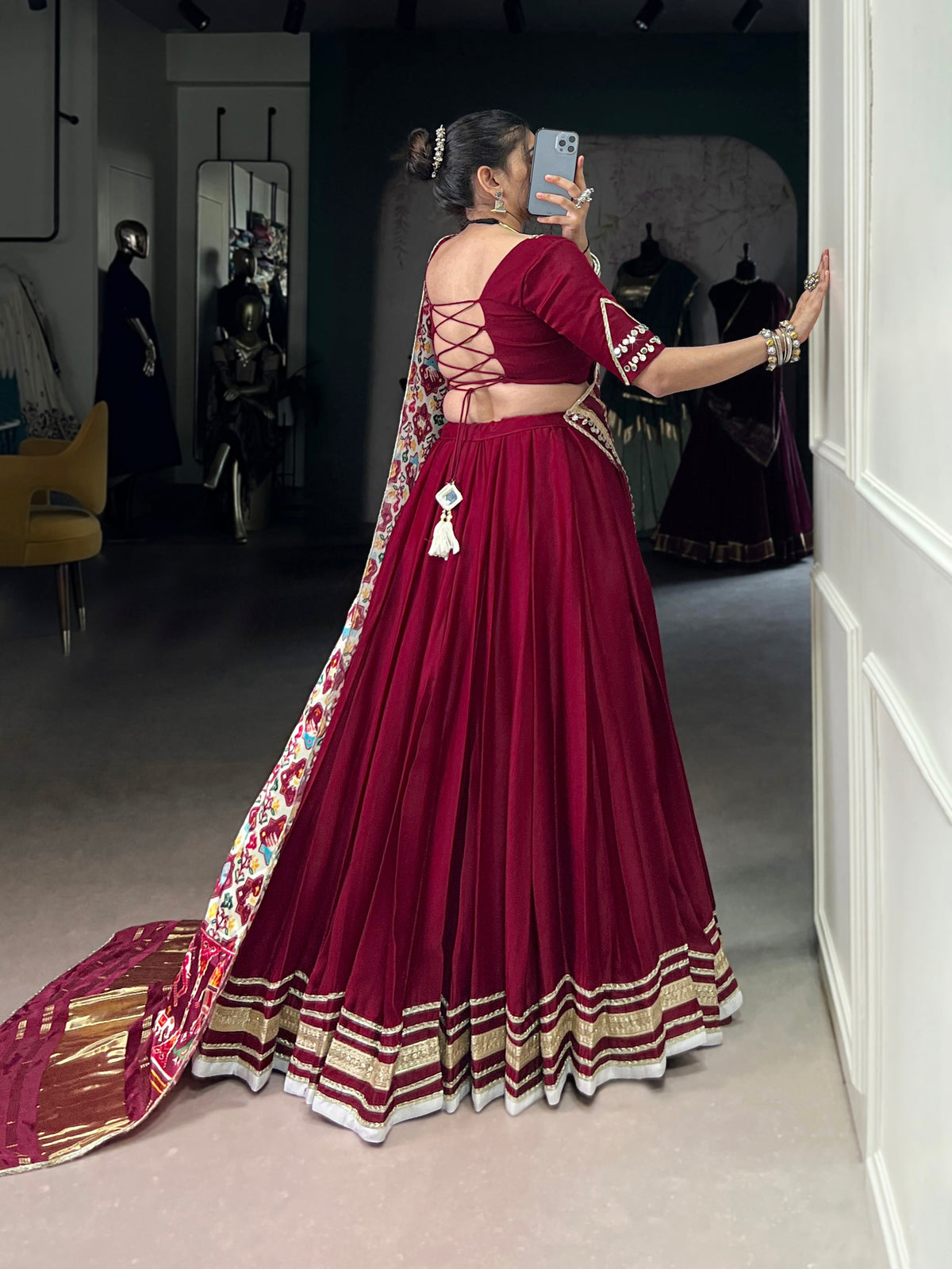 Lorenvalley Fashion Maroon Silk Georgette Lace Touch Up Lehenga Choli with Dupatta | Grocsy
