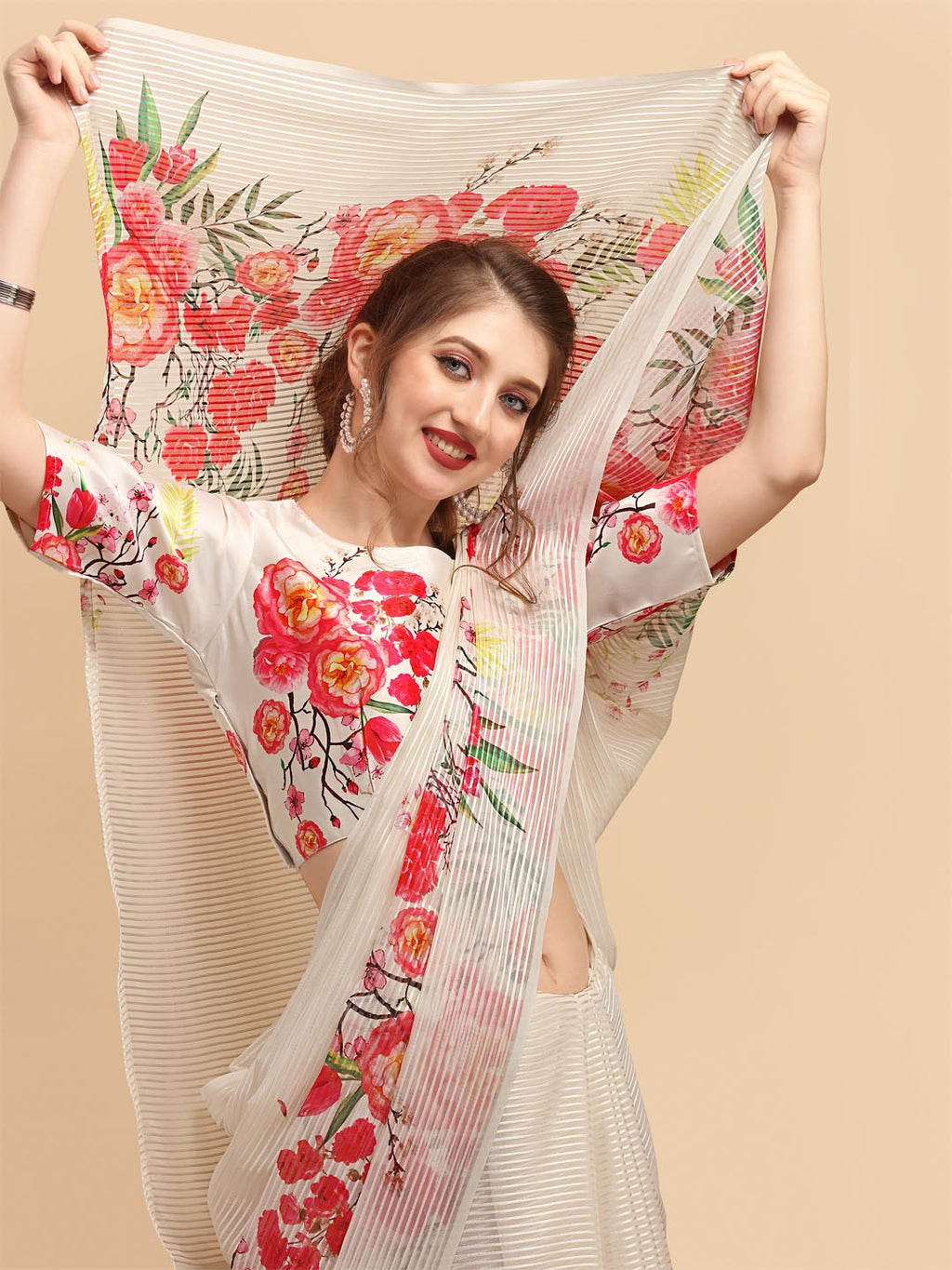 Sangria Off White & Red Floral Satin Designer Saree | Grocsy