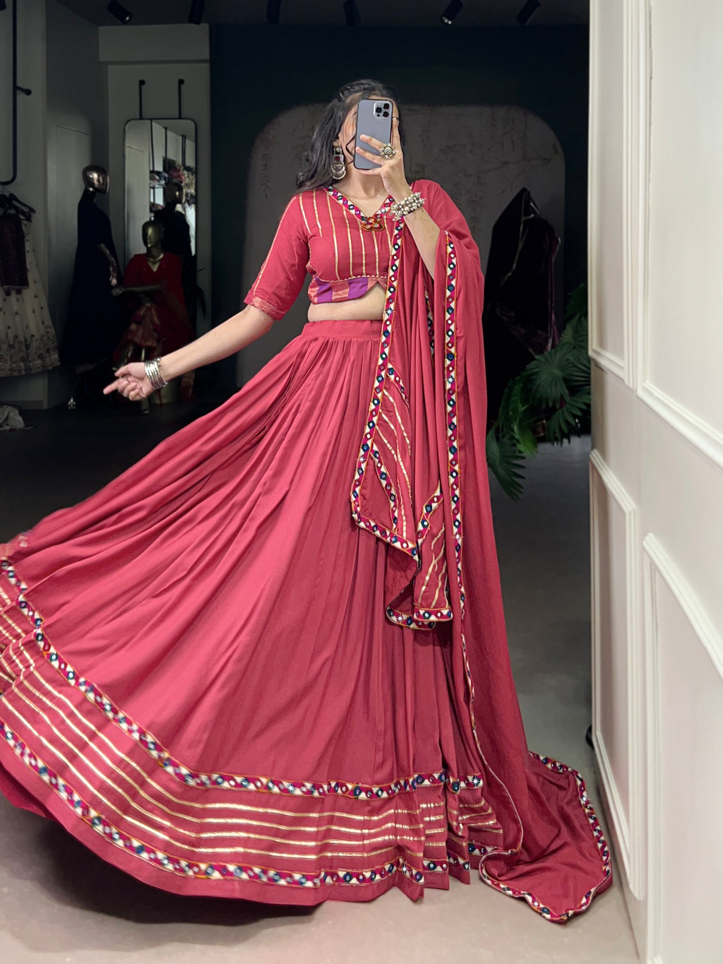 Lorenvalley Fashion Darkpink Pure Rayon Original Mirror Gamthi Work With Gotta Patti Lace Touch Up Lehenga Choli with Dupatta | Grocsy