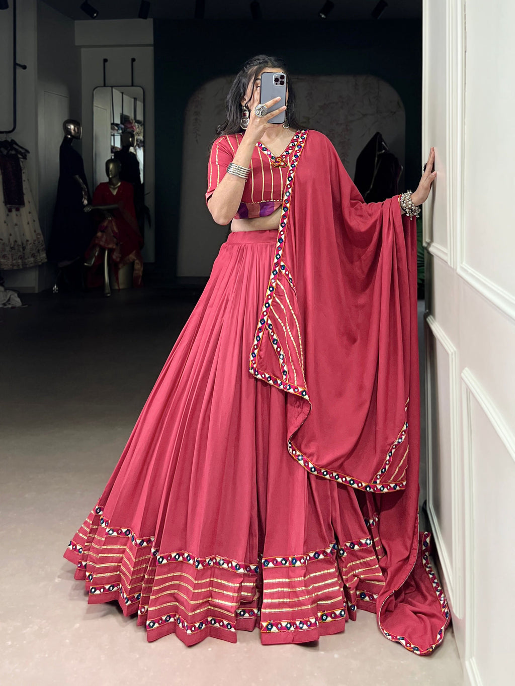 Lorenvalley Fashion Darkpink Pure Rayon Original Mirror Gamthi Work With Gotta Patti Lace Touch Up Lehenga Choli with Dupatta | Grocsy