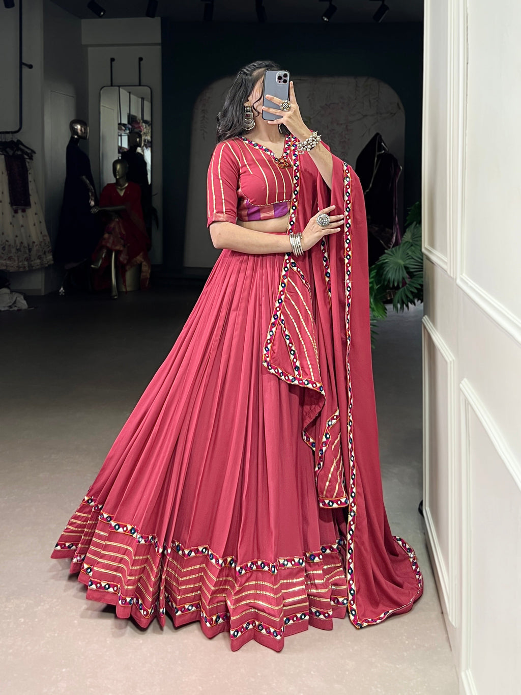 Lorenvalley Fashion Darkpink Pure Rayon Original Mirror Gamthi Work With Gotta Patti Lace Touch Up Lehenga Choli with Dupatta | Grocsy