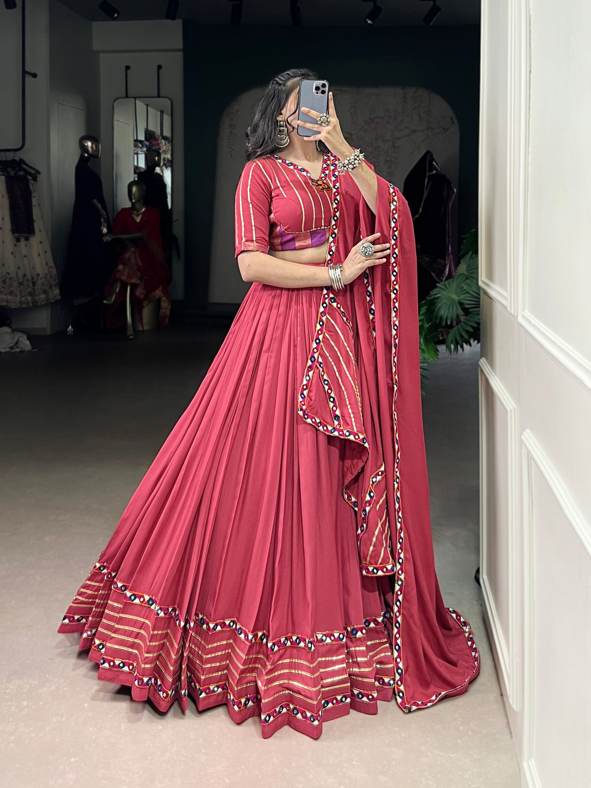Lorenvalley Fashion Darkpink Pure Rayon Original Mirror Gamthi Work With Gotta Patti Lace Touch Up Lehenga Choli with Dupatta | Grocsy