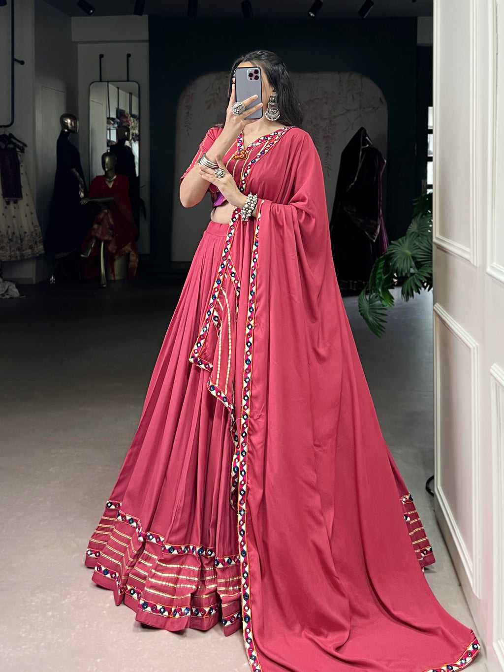Lorenvalley Fashion Darkpink Pure Rayon Original Mirror Gamthi Work With Gotta Patti Lace Touch Up Lehenga Choli with Dupatta | Grocsy