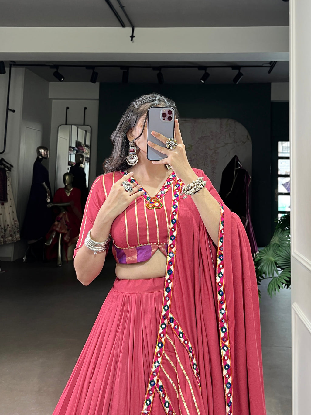 Lorenvalley Fashion Darkpink Pure Rayon Original Mirror Gamthi Work With Gotta Patti Lace Touch Up Lehenga Choli with Dupatta | Grocsy