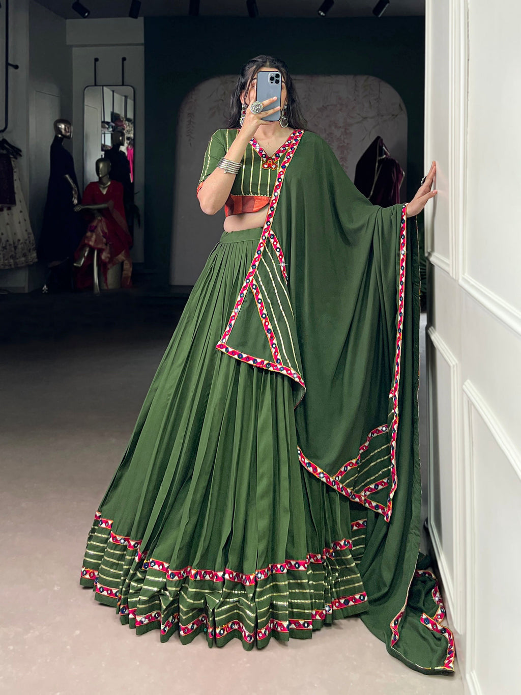 Lorenvalley Fashion Mahendi Pure Rayon Original Mirror Gamthi Work With Gotta Patti Lace Touch Up Lehenga Choli with Dupatta | Grocsy