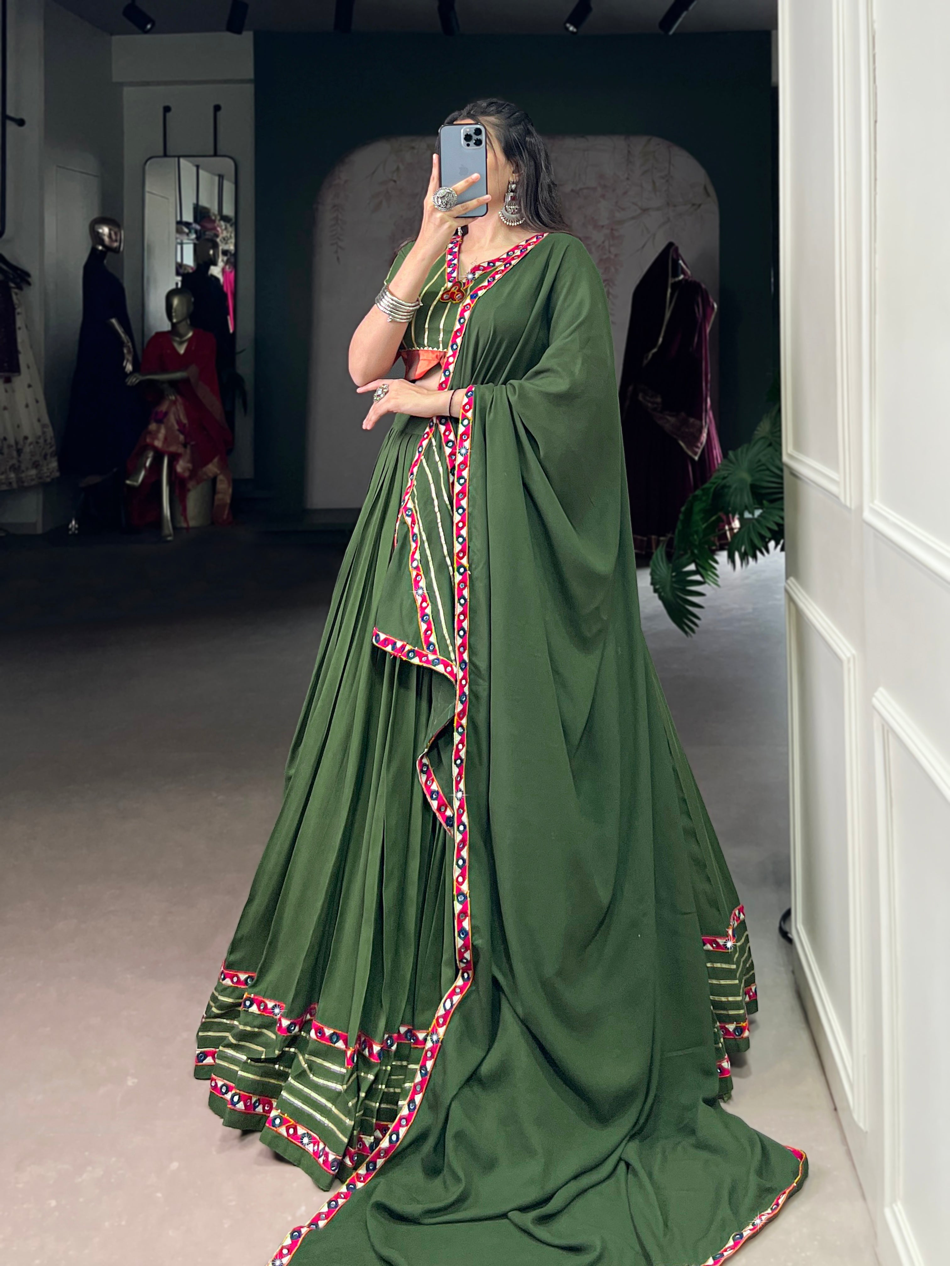 Lorenvalley Fashion Mahendi Pure Rayon Original Mirror Gamthi Work With Gotta Patti Lace Touch Up Lehenga Choli with Dupatta | Grocsy