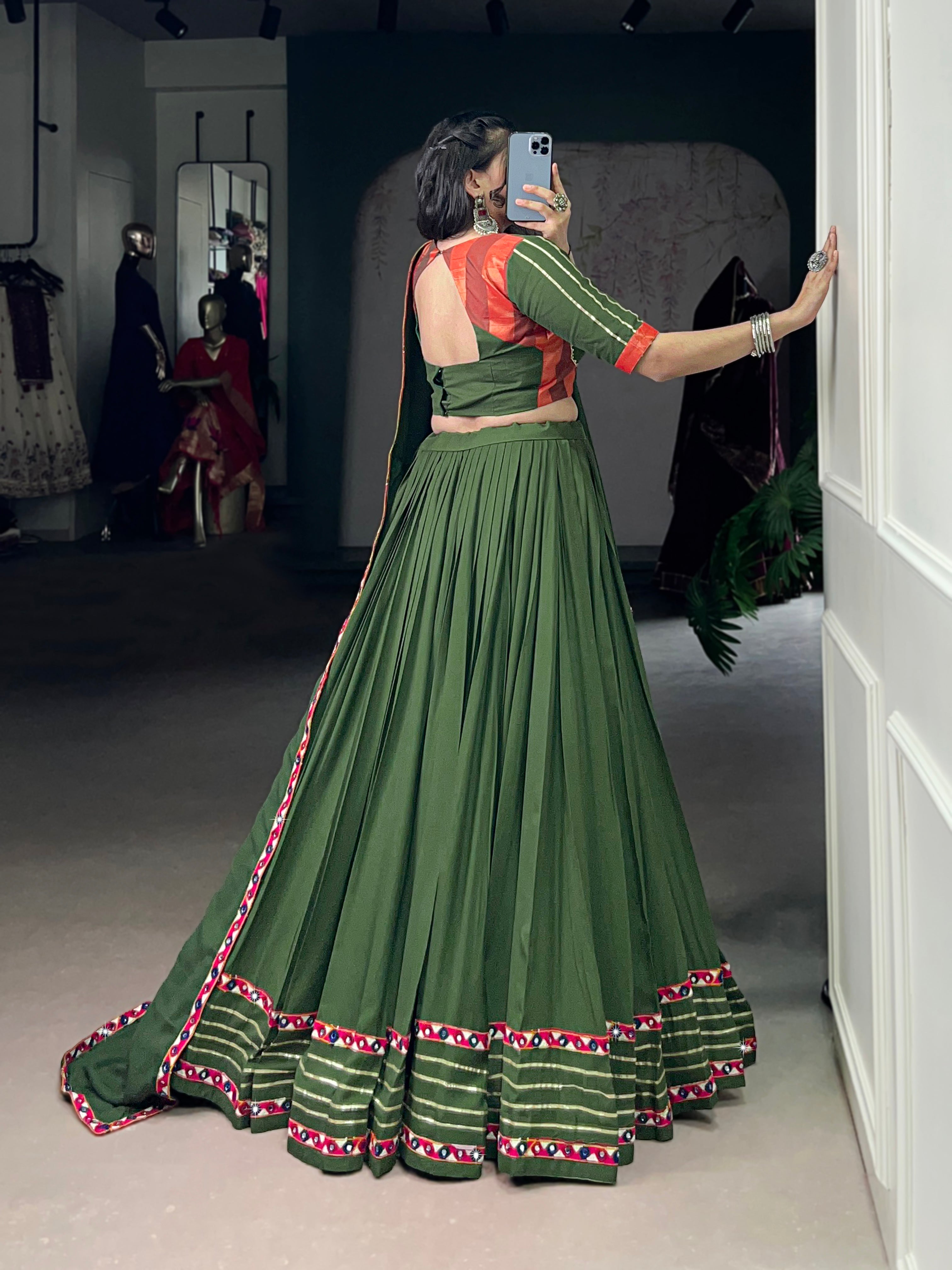 Lorenvalley Fashion Mahendi Pure Rayon Original Mirror Gamthi Work With Gotta Patti Lace Touch Up Lehenga Choli with Dupatta | Grocsy