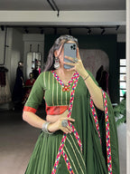 Lorenvalley Fashion Mahendi Pure Rayon Original Mirror Gamthi Work With Gotta Patti Lace Touch Up Lehenga Choli with Dupatta | Grocsy