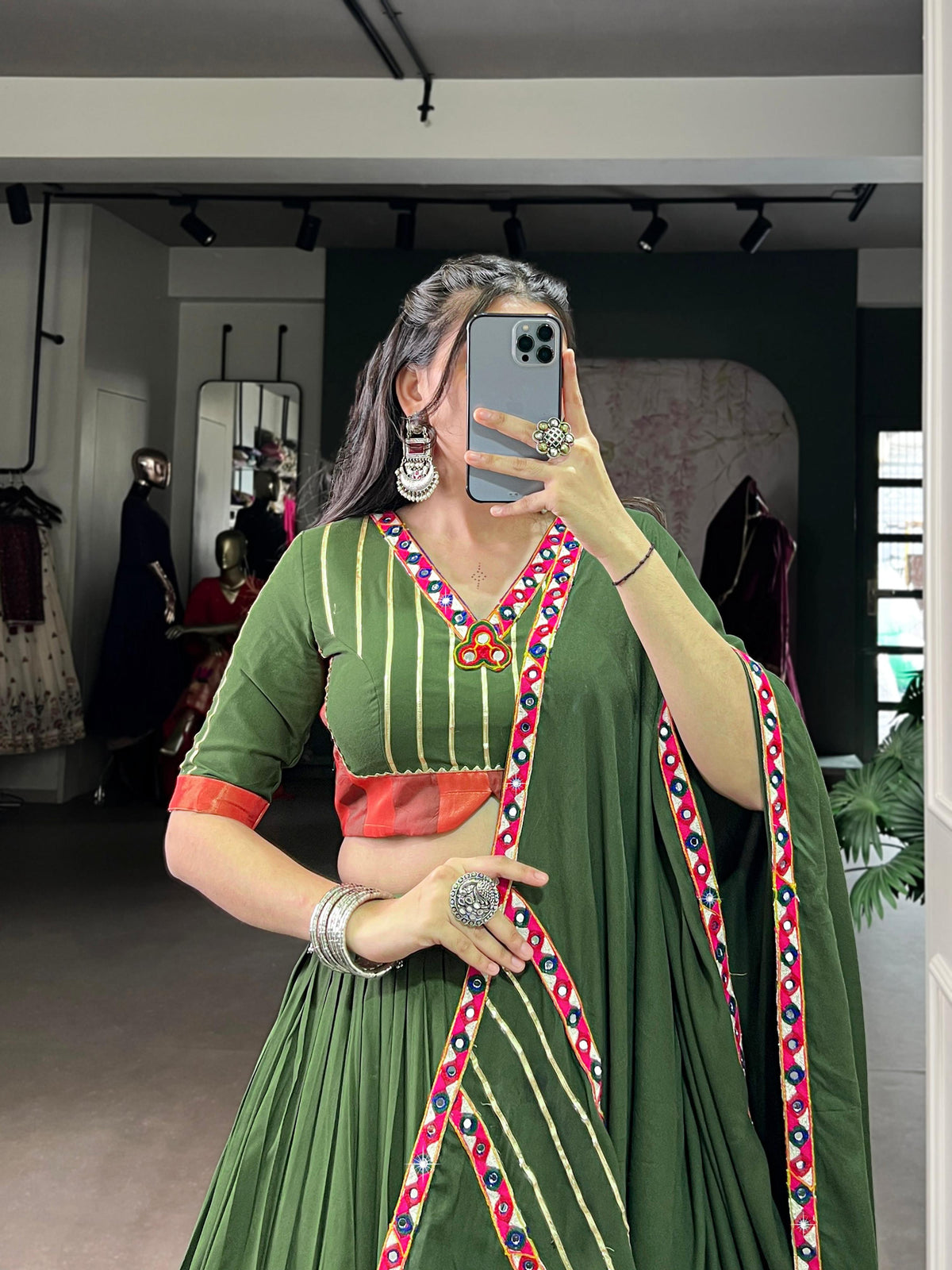 Lorenvalley Fashion Mahendi Pure Rayon Original Mirror Gamthi Work With Gotta Patti Lace Touch Up Lehenga Choli with Dupatta | Grocsy