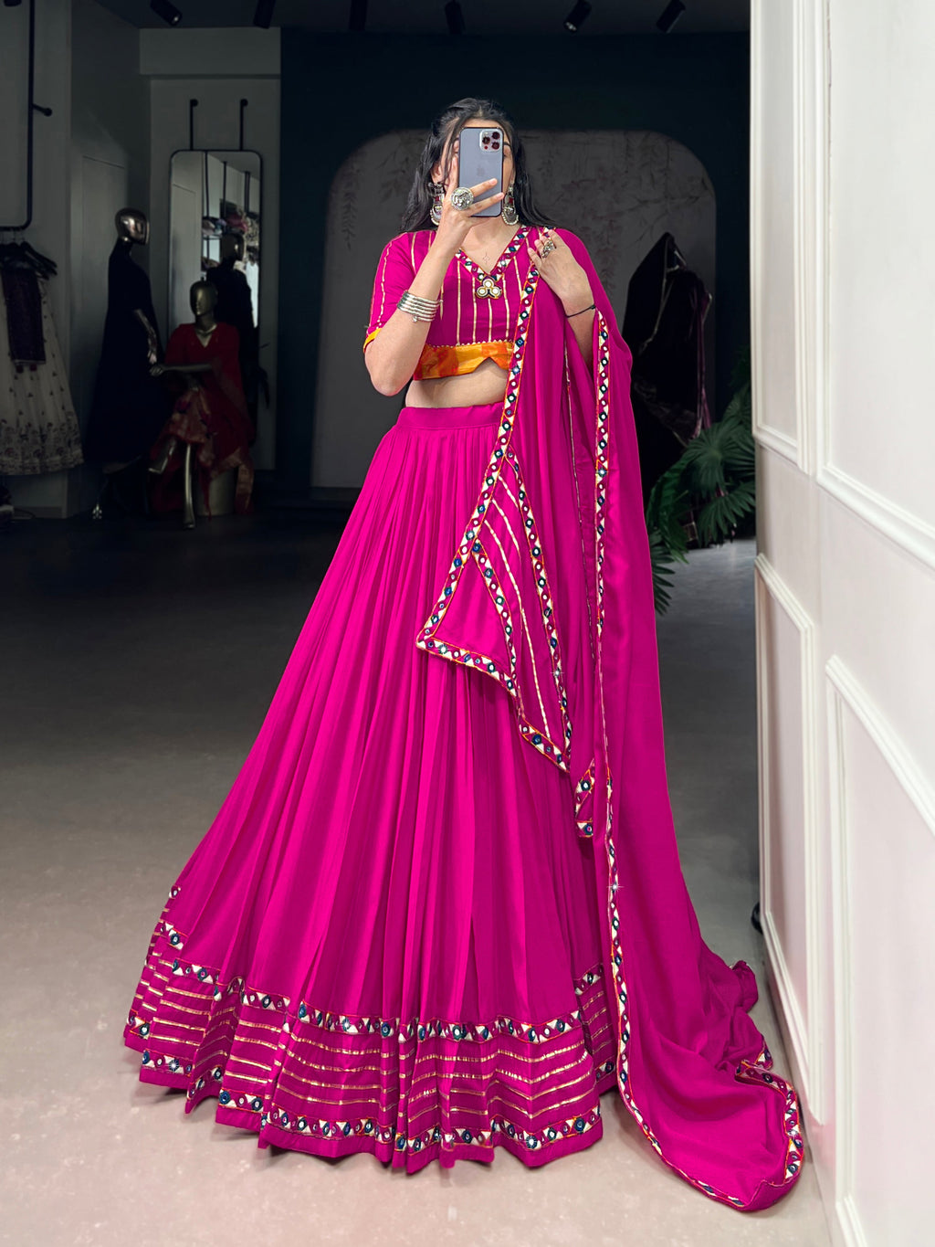 Lorenvalley Fashion Pink Pure Rayon Original Mirror Gamthi Work With Gotta Patti Lace Touch Up Lehenga Choli with Dupatta | Grocsy