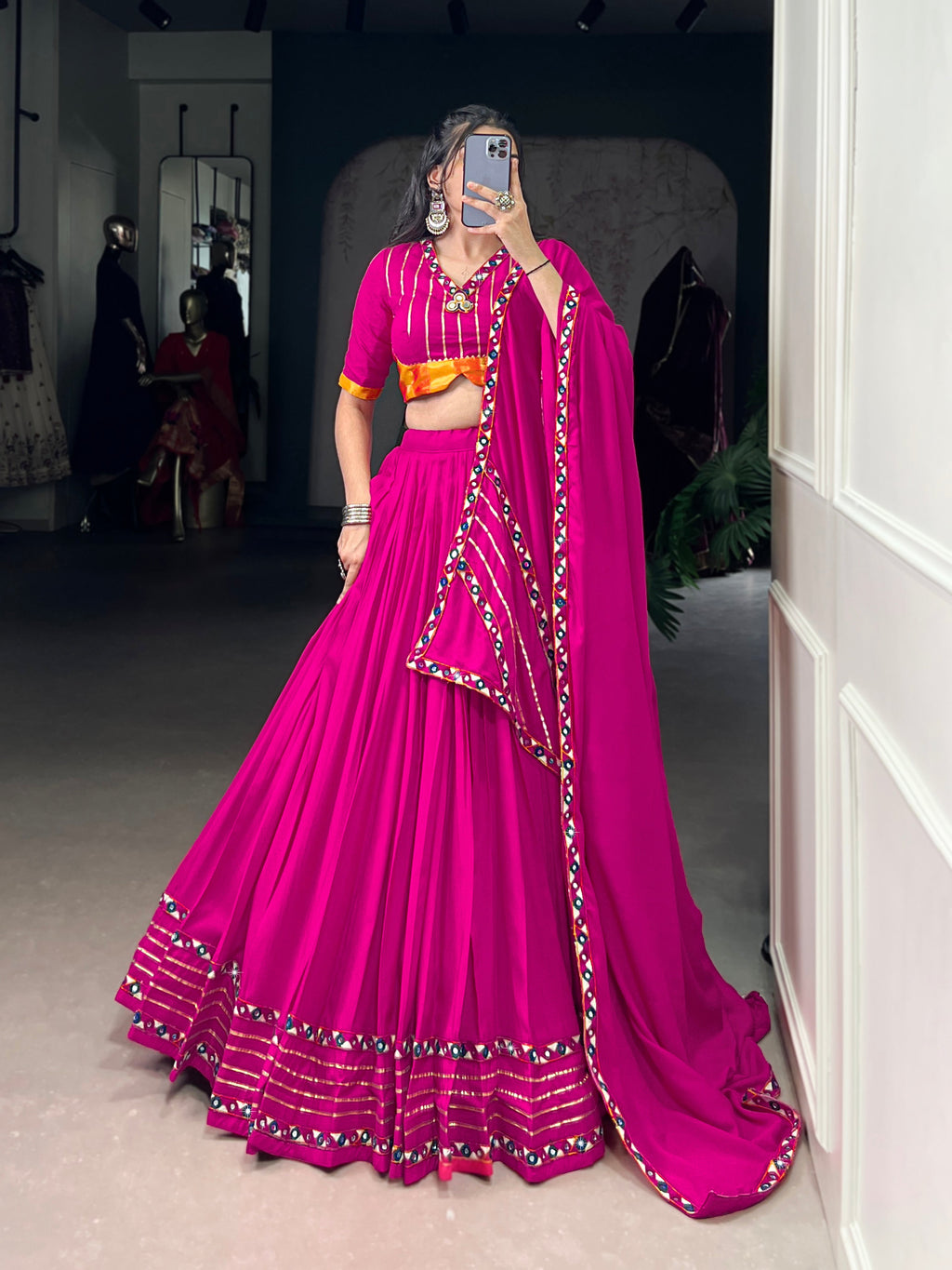Lorenvalley Fashion Pink Pure Rayon Original Mirror Gamthi Work With Gotta Patti Lace Touch Up Lehenga Choli with Dupatta | Grocsy