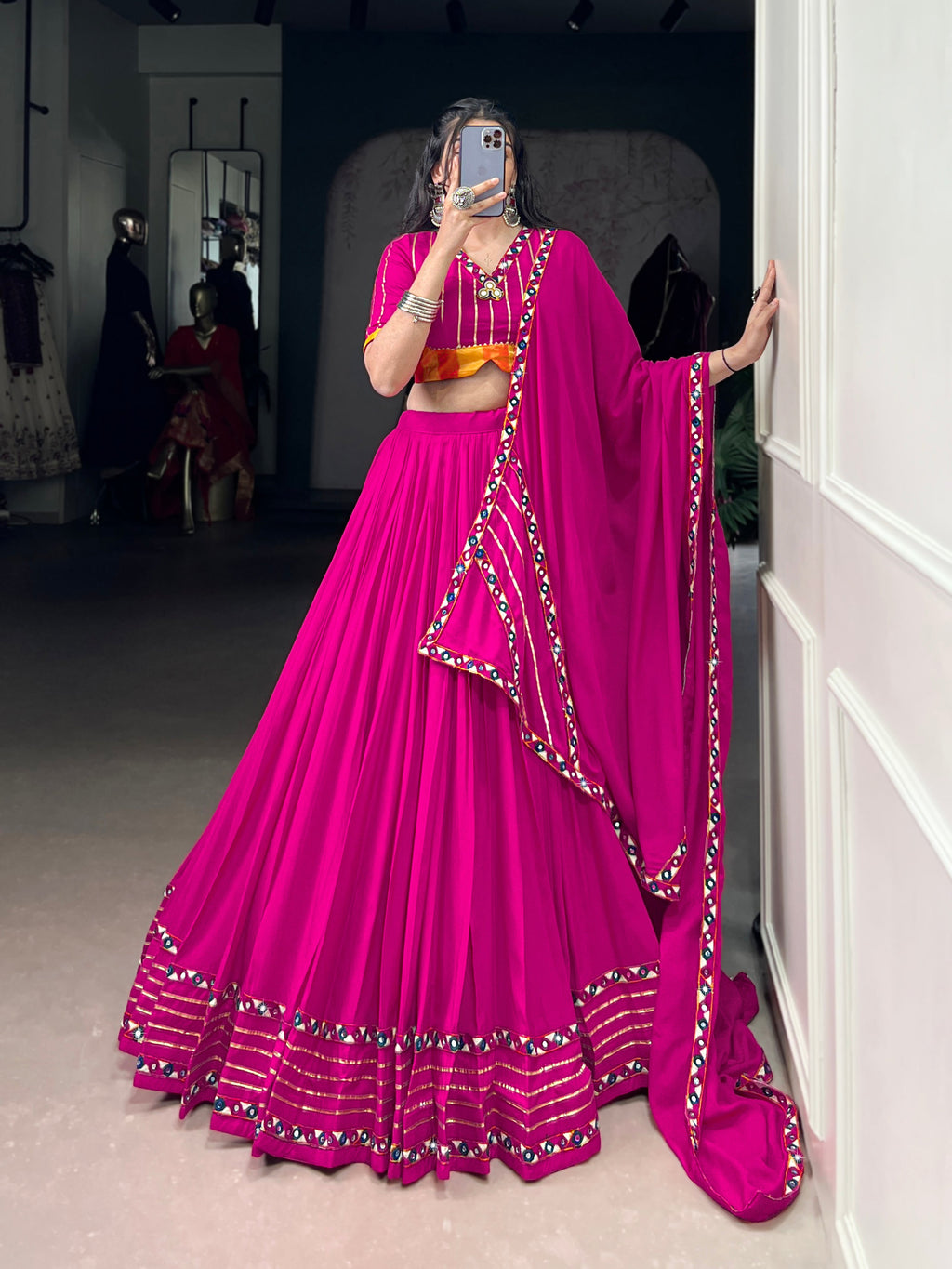 Lorenvalley Fashion Pink Pure Rayon Original Mirror Gamthi Work With Gotta Patti Lace Touch Up Lehenga Choli with Dupatta | Grocsy