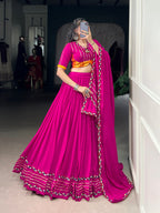 Lorenvalley Fashion Pink Pure Rayon Original Mirror Gamthi Work With Gotta Patti Lace Touch Up Lehenga Choli with Dupatta | Grocsy