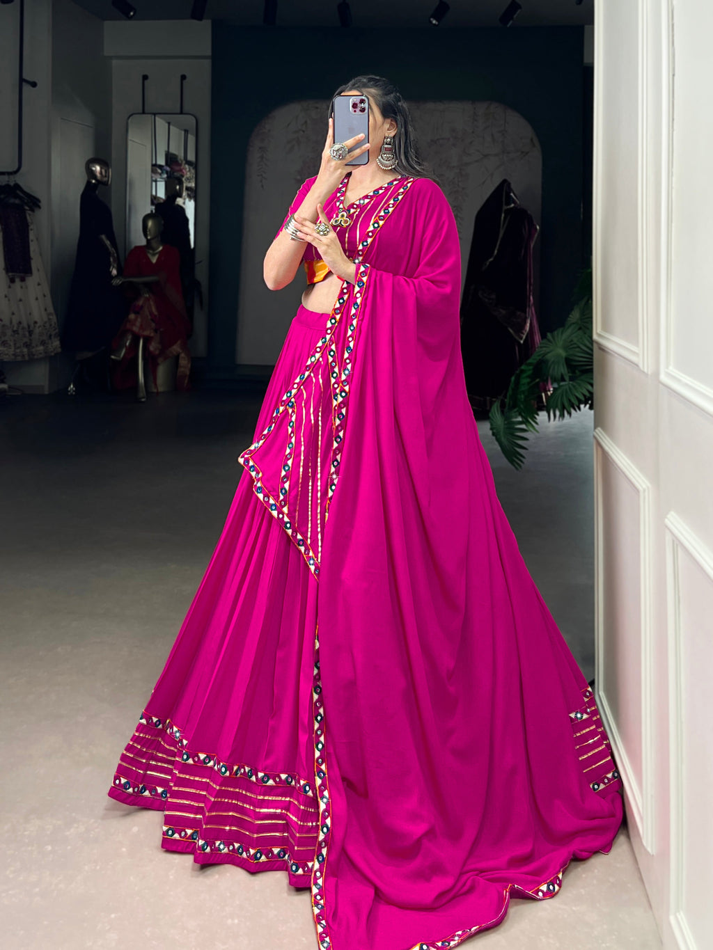 Lorenvalley Fashion Pink Pure Rayon Original Mirror Gamthi Work With Gotta Patti Lace Touch Up Lehenga Choli with Dupatta | Grocsy