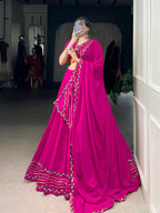 Lorenvalley Fashion Pink Pure Rayon Original Mirror Gamthi Work With Gotta Patti Lace Touch Up Lehenga Choli with Dupatta | Grocsy