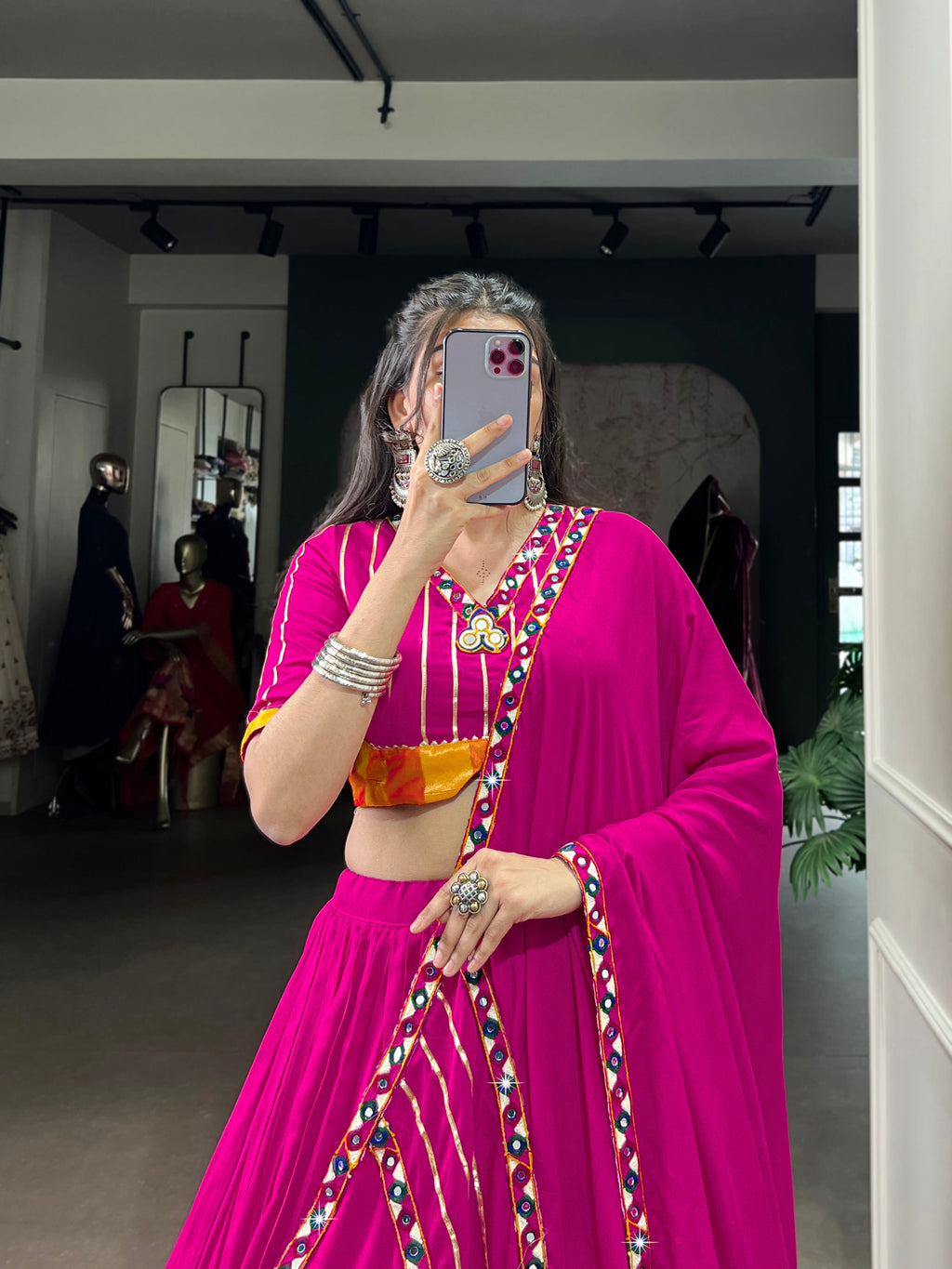 Lorenvalley Fashion Pink Pure Rayon Original Mirror Gamthi Work With Gotta Patti Lace Touch Up Lehenga Choli with Dupatta | Grocsy