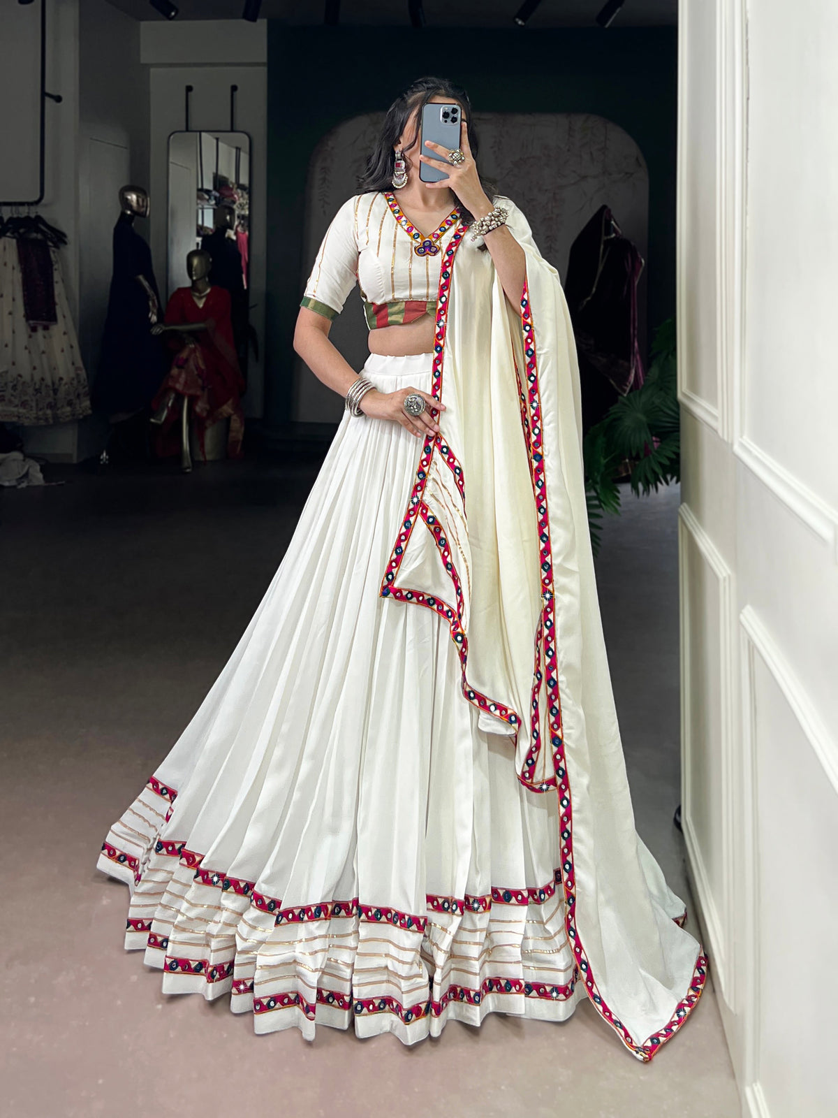 Lorenvalley Fashion White Pure Rayon Original Mirror Gamthi Work With Gotta Patti Lace Touch Up Lehenga Choli with Dupatta | Grocsy