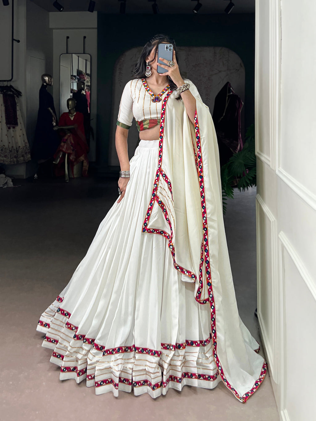 Lorenvalley Fashion White Pure Rayon Original Mirror Gamthi Work With Gotta Patti Lace Touch Up Lehenga Choli with Dupatta | Grocsy