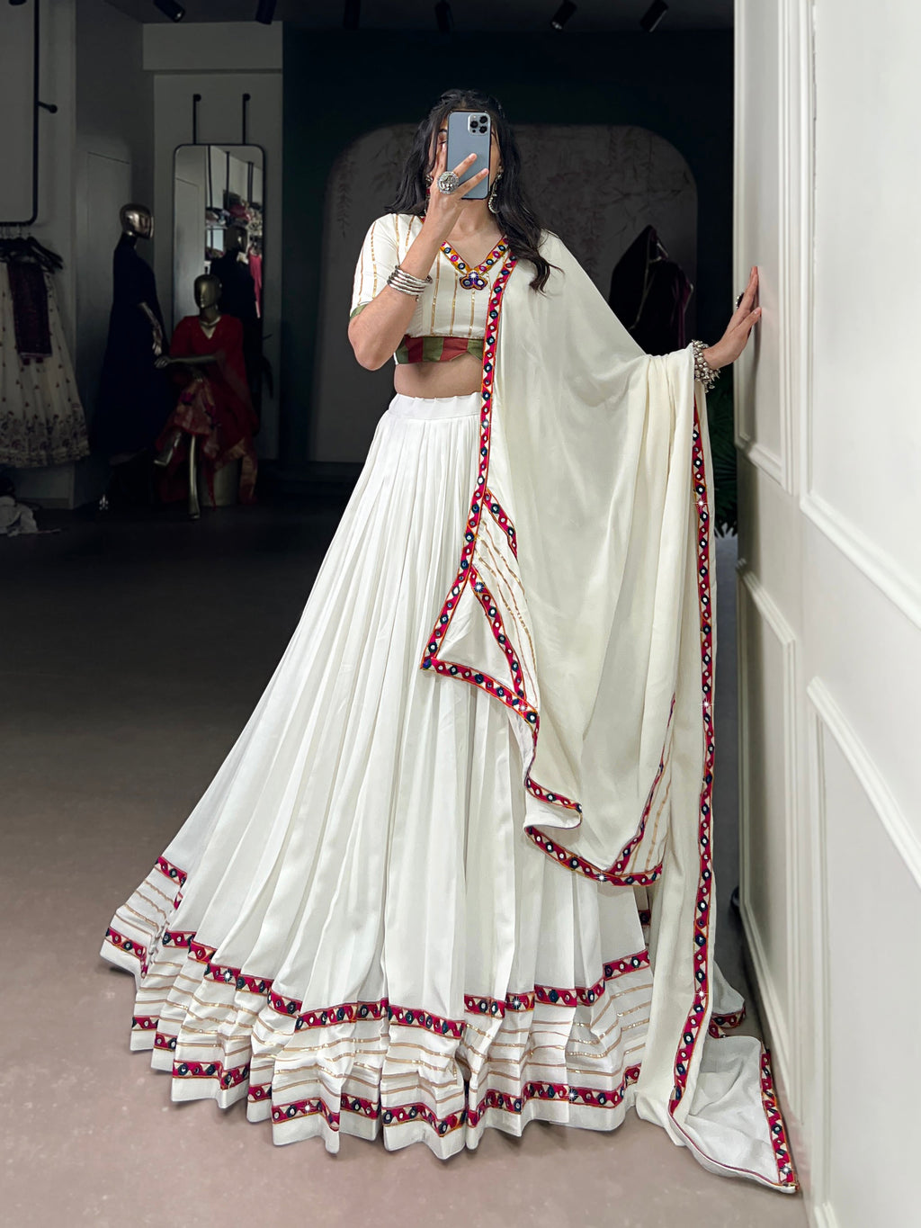 Lorenvalley Fashion White Pure Rayon Original Mirror Gamthi Work With Gotta Patti Lace Touch Up Lehenga Choli with Dupatta | Grocsy
