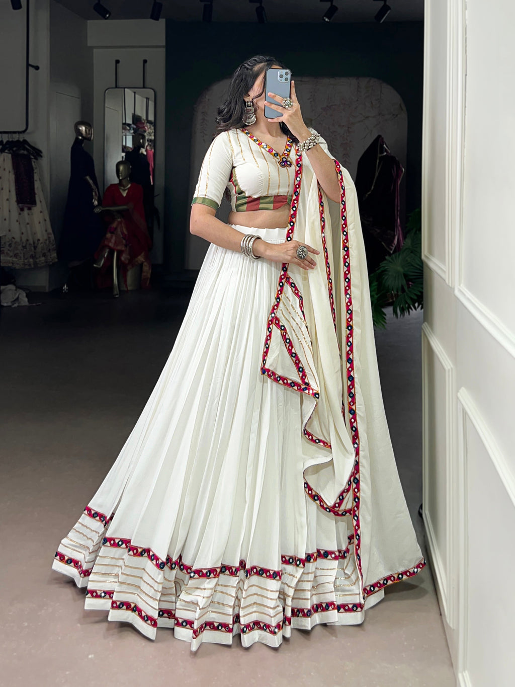 Lorenvalley Fashion White Pure Rayon Original Mirror Gamthi Work With Gotta Patti Lace Touch Up Lehenga Choli with Dupatta | Grocsy