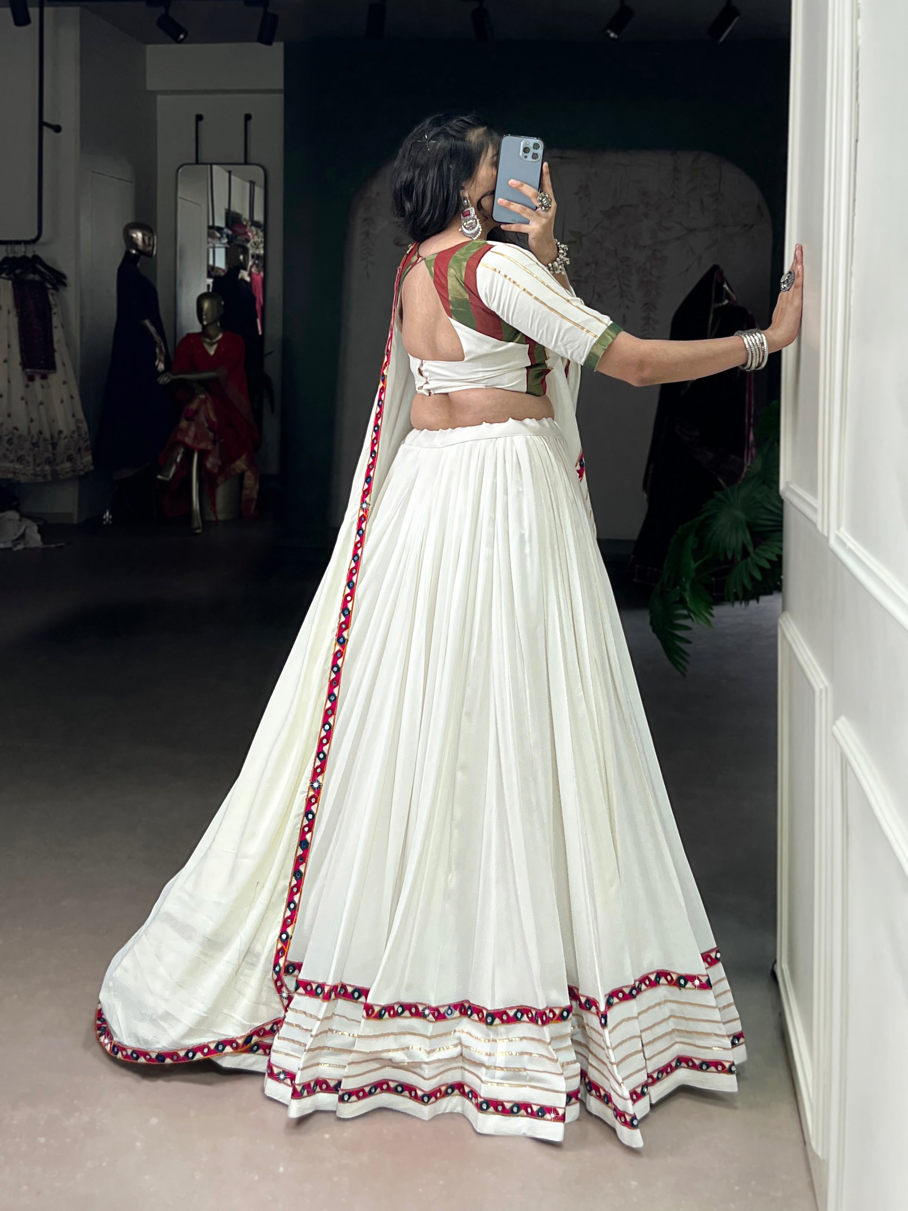 Lorenvalley Fashion White Pure Rayon Original Mirror Gamthi Work With Gotta Patti Lace Touch Up Lehenga Choli with Dupatta | Grocsy