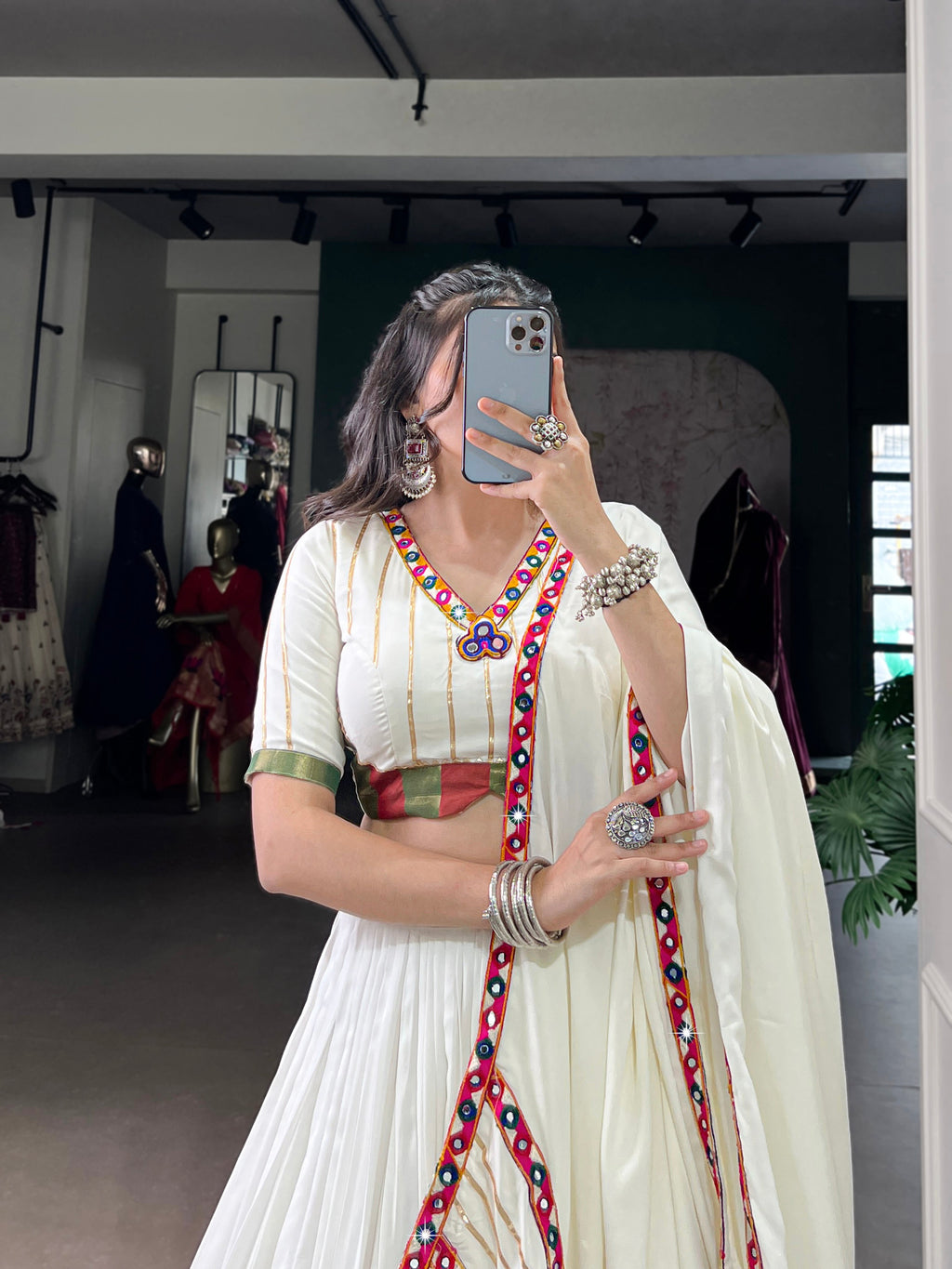 Lorenvalley Fashion White Pure Rayon Original Mirror Gamthi Work With Gotta Patti Lace Touch Up Lehenga Choli with Dupatta | Grocsy