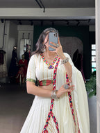 Lorenvalley Fashion White Pure Rayon Original Mirror Gamthi Work With Gotta Patti Lace Touch Up Lehenga Choli with Dupatta | Grocsy