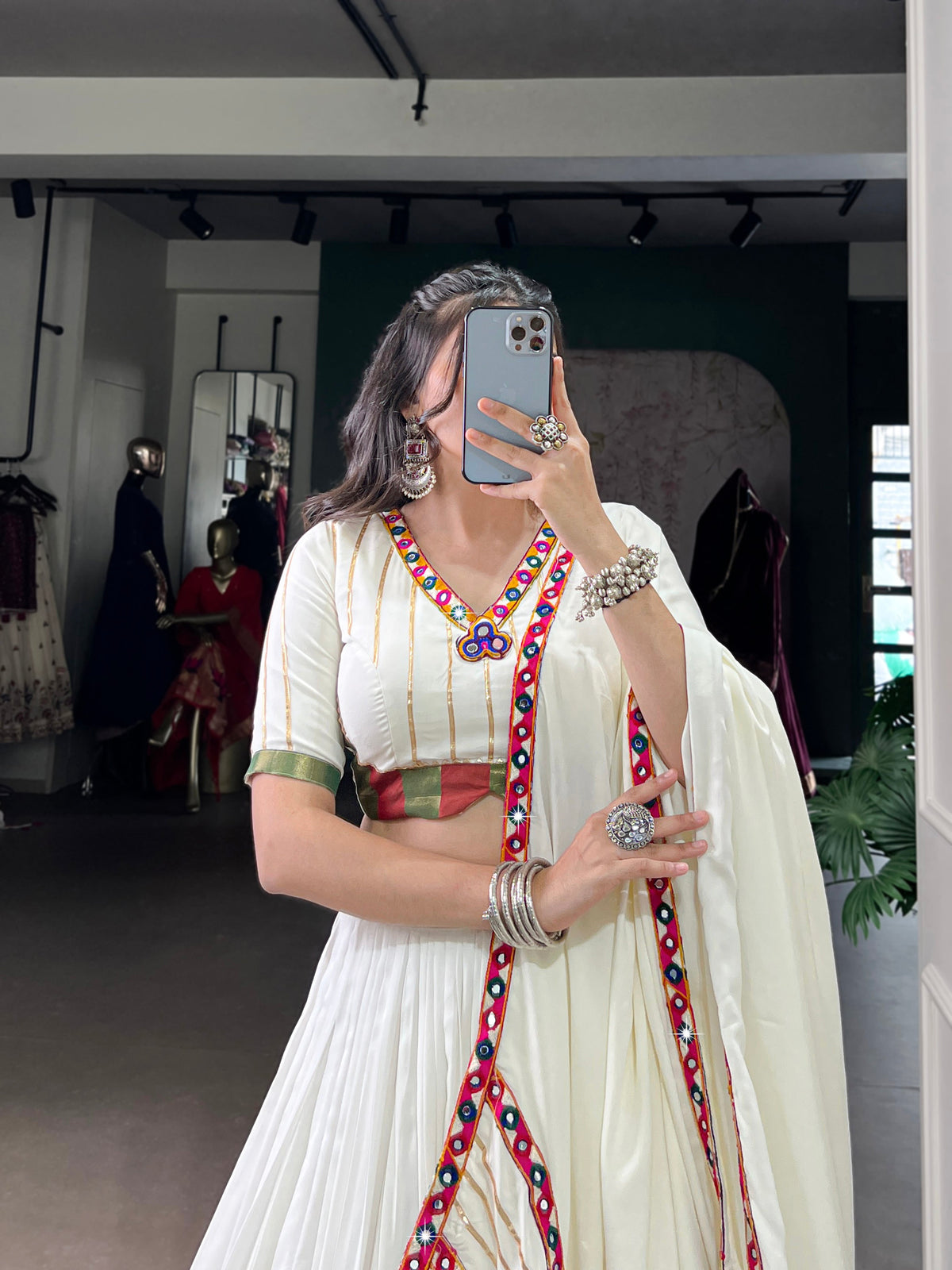 Lorenvalley Fashion White Pure Rayon Original Mirror Gamthi Work With Gotta Patti Lace Touch Up Lehenga Choli with Dupatta | Grocsy