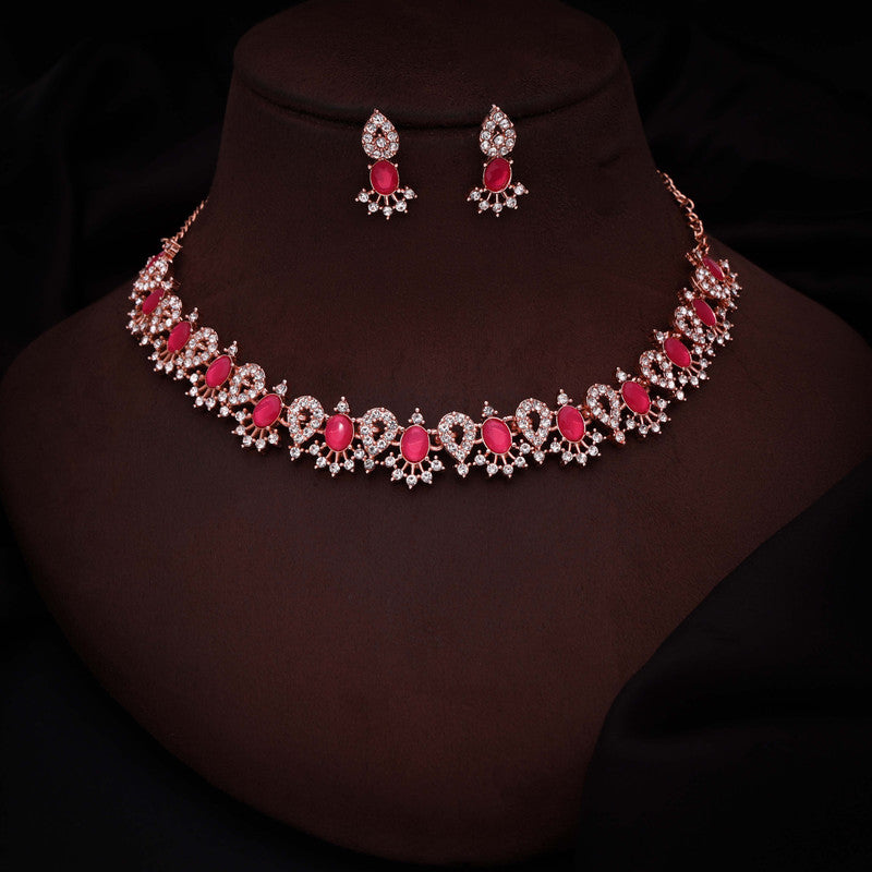 Tehzeeb Creations Pink Colour Ad Studded Necklace Jewellery Set With Matching Earrings For Women And Girls | Grocsy