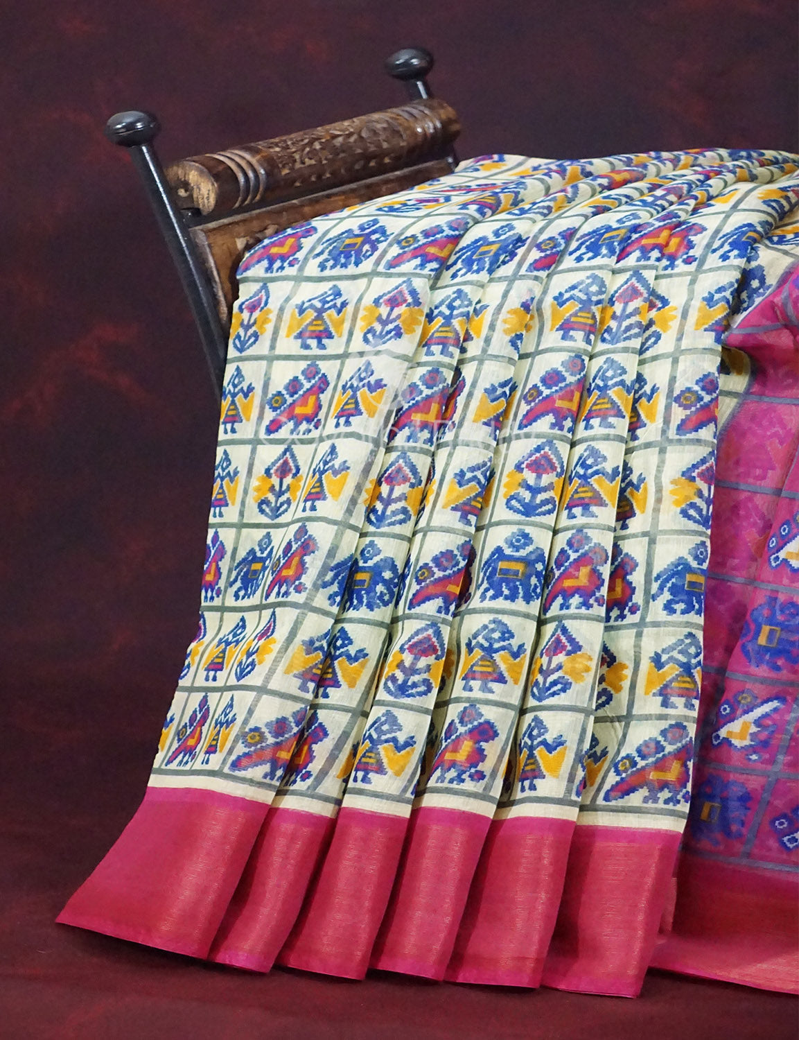 Shades of Cream Colour And Pink Blouse Patola Design Semi Chanderi Saree By Gayathri Reddy Designer Studio | Grocsy