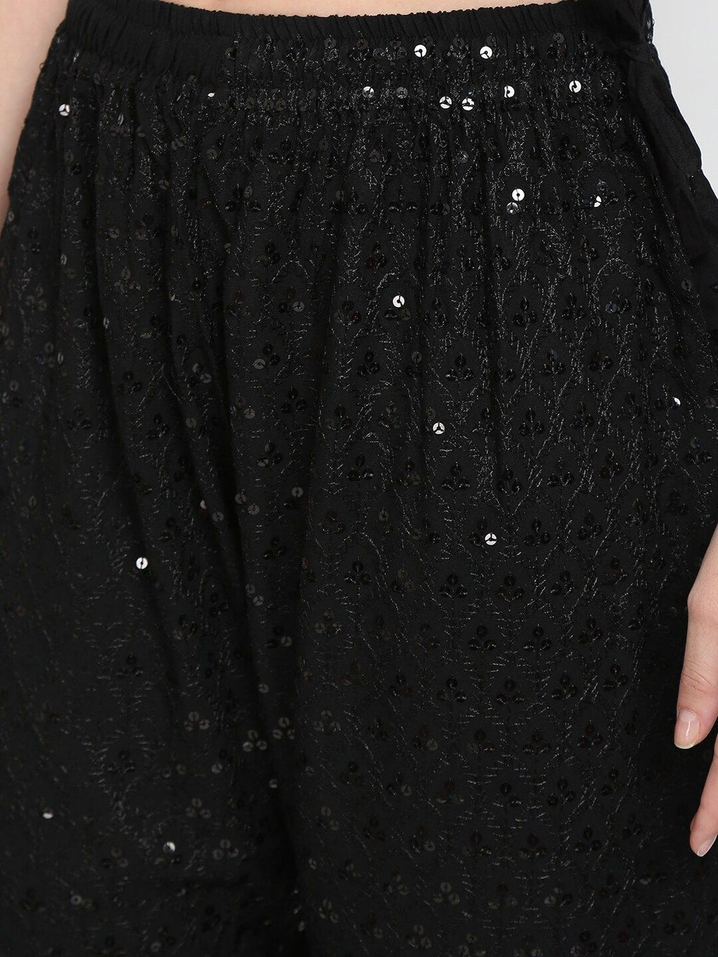 TAG 7 Women Black Ethnic Motifs Embroidered Sequin Flared Ethnic Palazzos | Grocsy