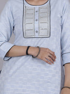 HERE&NOW Women Blue Yoke Design Pure Cotton Thread Work Kurta | Grocsy