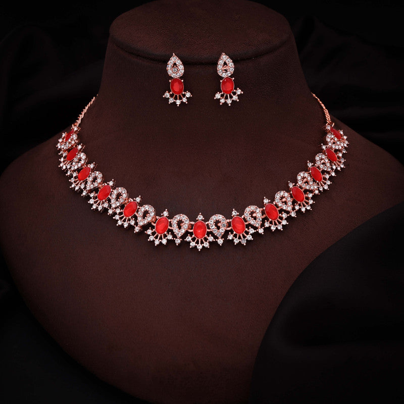 Tehzeeb Creations Red Colour Ad Studded Necklace Jewellery Set With Matching Earrings For Women And Girls | Grocsy