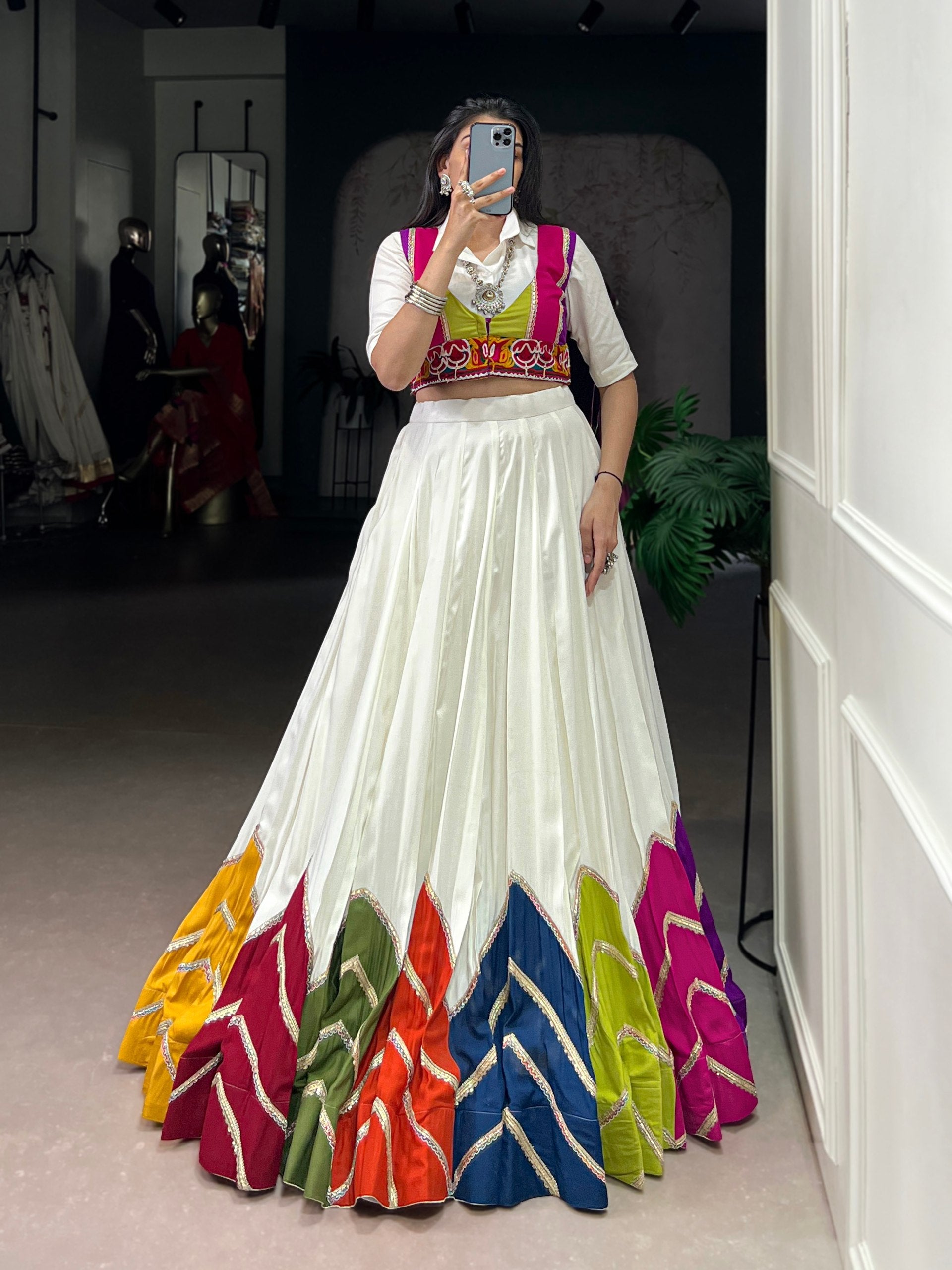 Lorenvalley Fashion White Rayon Multi Colour Patch With Lace Touch Up Lehenga Choli with Koti | Grocsy