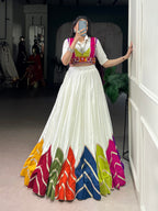 Lorenvalley Fashion White Rayon Multi Colour Patch With Lace Touch Up Lehenga Choli with Koti | Grocsy