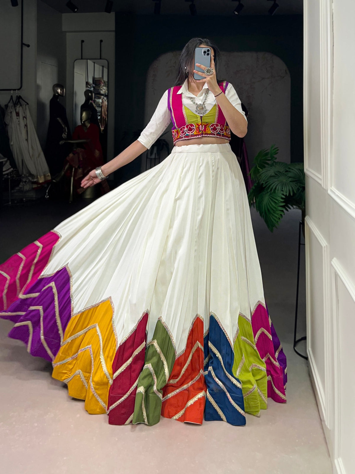 Lorenvalley Fashion White Rayon Multi Colour Patch With Lace Touch Up Lehenga Choli with Koti | Grocsy
