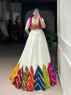 Lorenvalley Fashion White Rayon Multi Colour Patch With Lace Touch Up Lehenga Choli with Koti | Grocsy