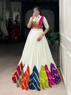Lorenvalley Fashion White Rayon Multi Colour Patch With Lace Touch Up Lehenga Choli with Koti | Grocsy