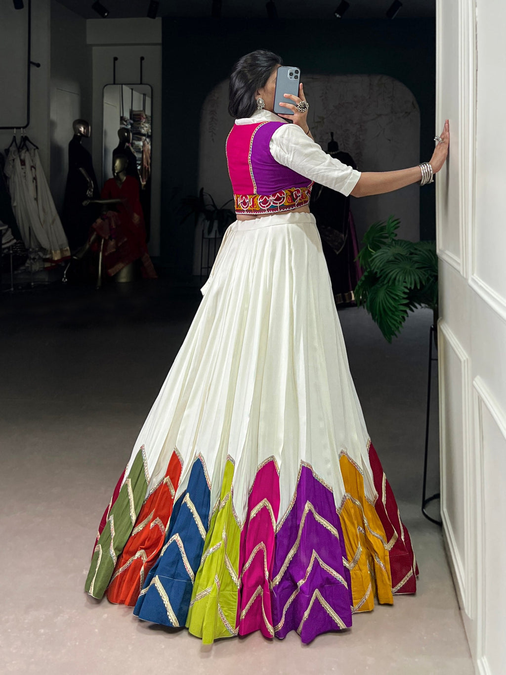Lorenvalley Fashion White Rayon Multi Colour Patch With Lace Touch Up Lehenga Choli with Koti | Grocsy