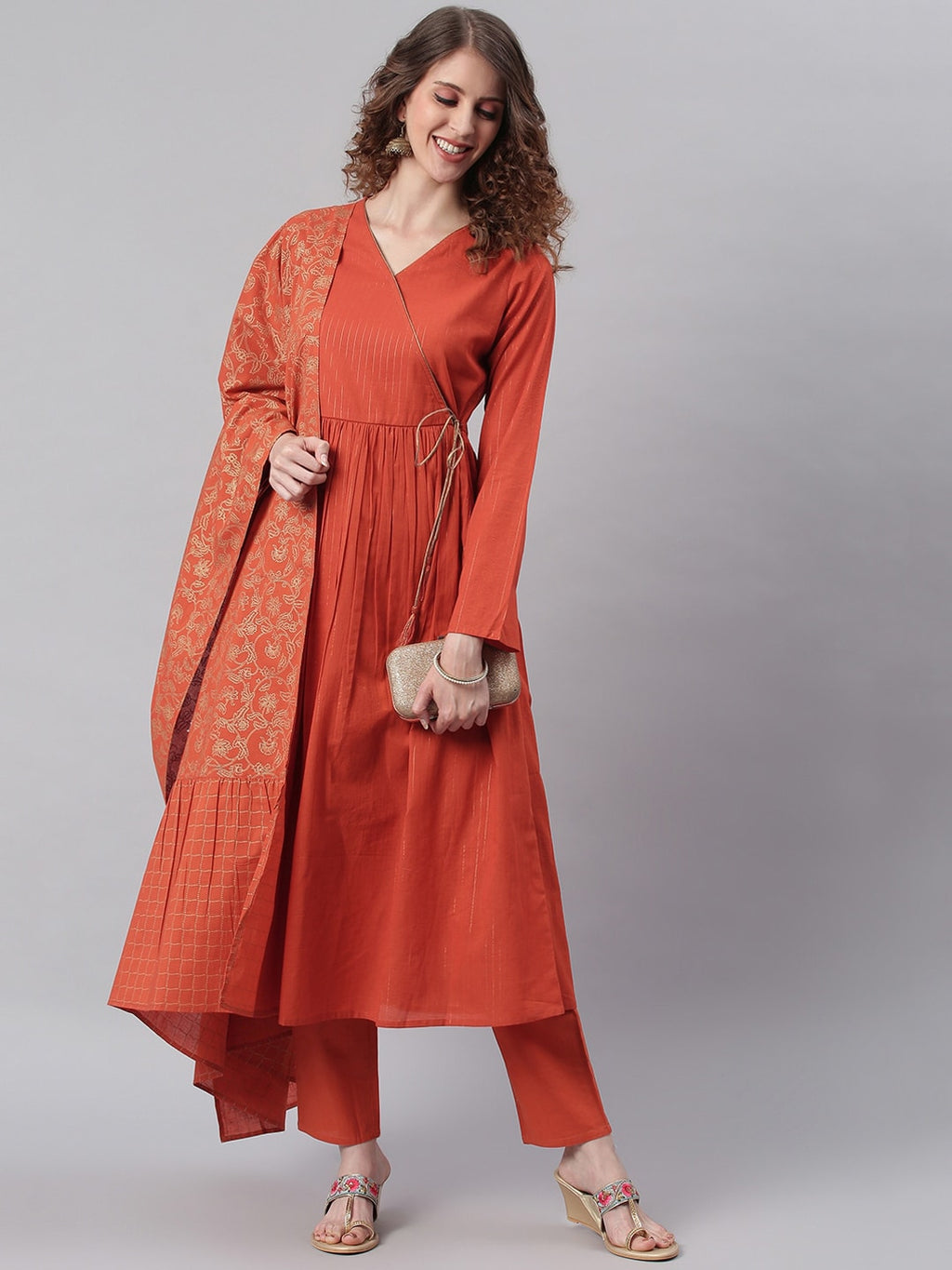Janasya Women Orange Angrakha Pure Cotton Kurta with Trousers & Dupatta | Grocsy