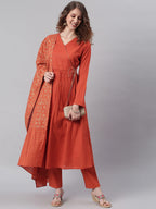 Janasya Women Orange Angrakha Pure Cotton Kurta with Trousers & Dupatta | Grocsy