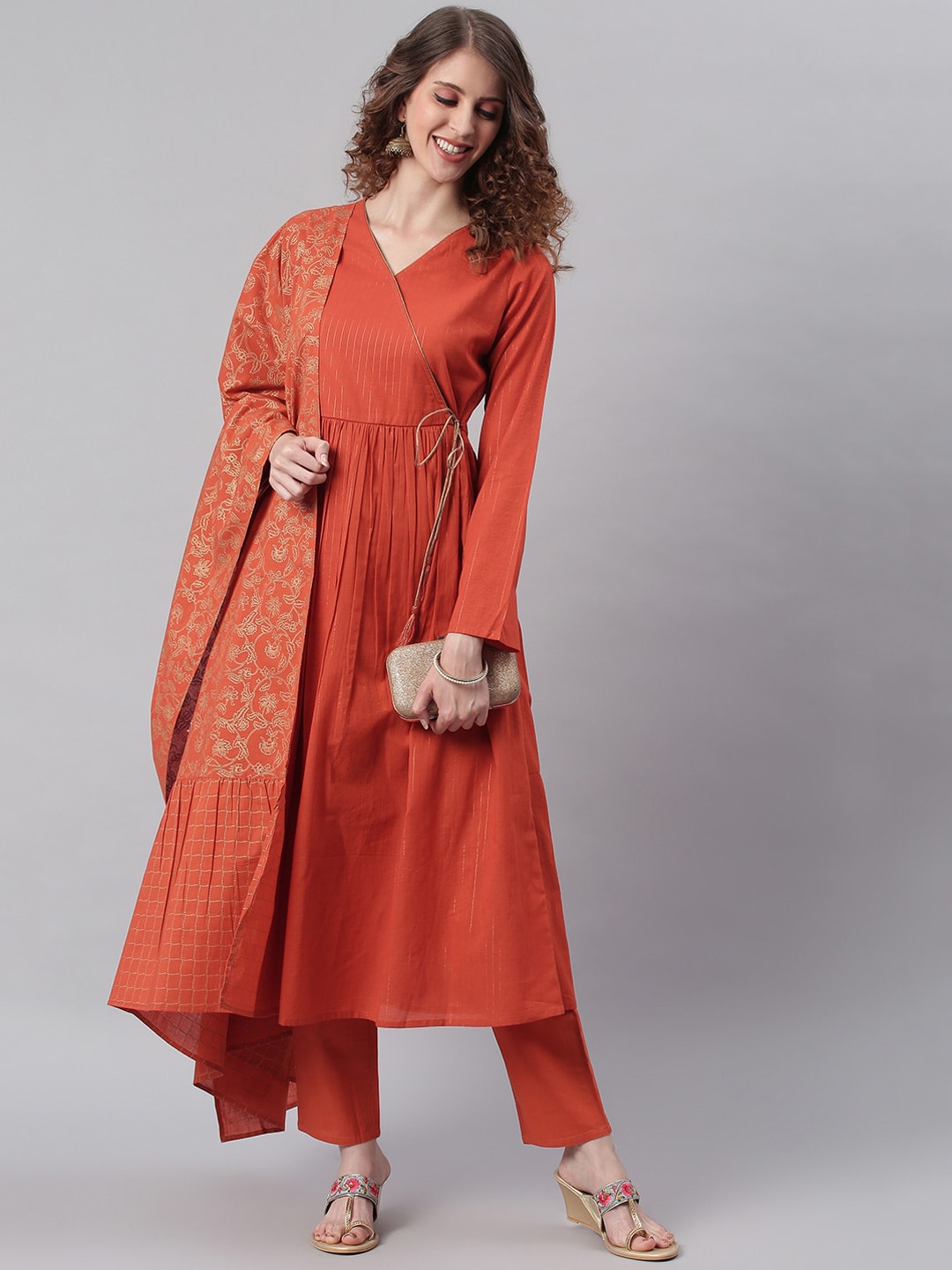 Janasya Women Orange Angrakha Pure Cotton Kurta with Trousers & Dupatta | Grocsy