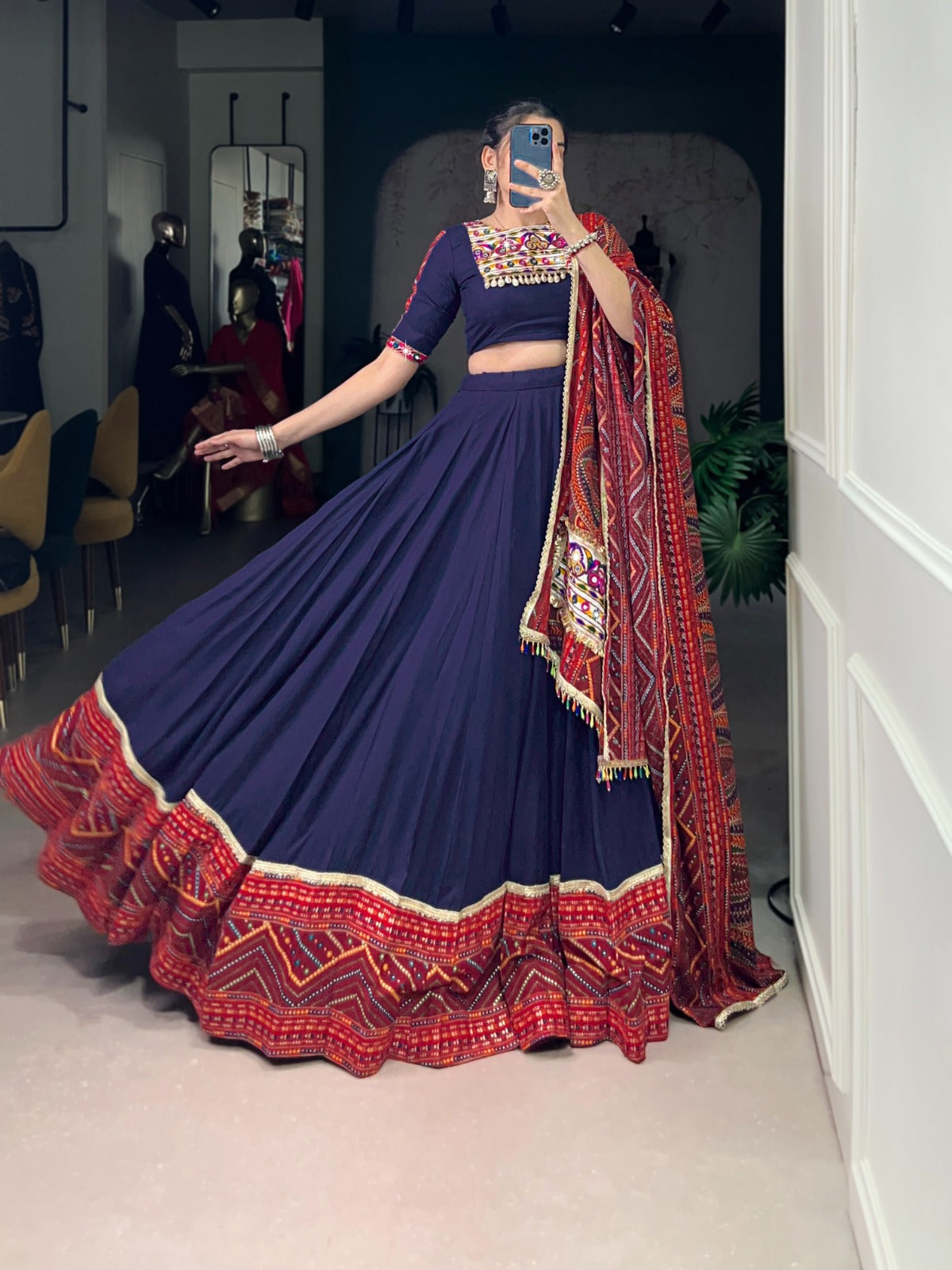 Lorenvalley Fashion Navyblue Pure Rayon Bandhej Print and Foil Work with Lace Touch Up Lehenga Choli with Dupatta | Grocsy