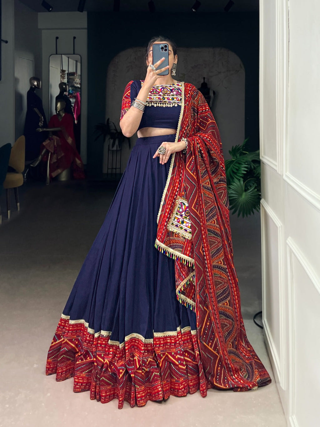 Lorenvalley Fashion Navyblue Pure Rayon Bandhej Print and Foil Work with Lace Touch Up Lehenga Choli with Dupatta | Grocsy