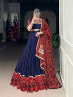 Lorenvalley Fashion Navyblue Pure Rayon Bandhej Print and Foil Work with Lace Touch Up Lehenga Choli with Dupatta | Grocsy