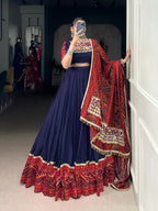 Lorenvalley Fashion Navyblue Pure Rayon Bandhej Print and Foil Work with Lace Touch Up Lehenga Choli with Dupatta | Grocsy