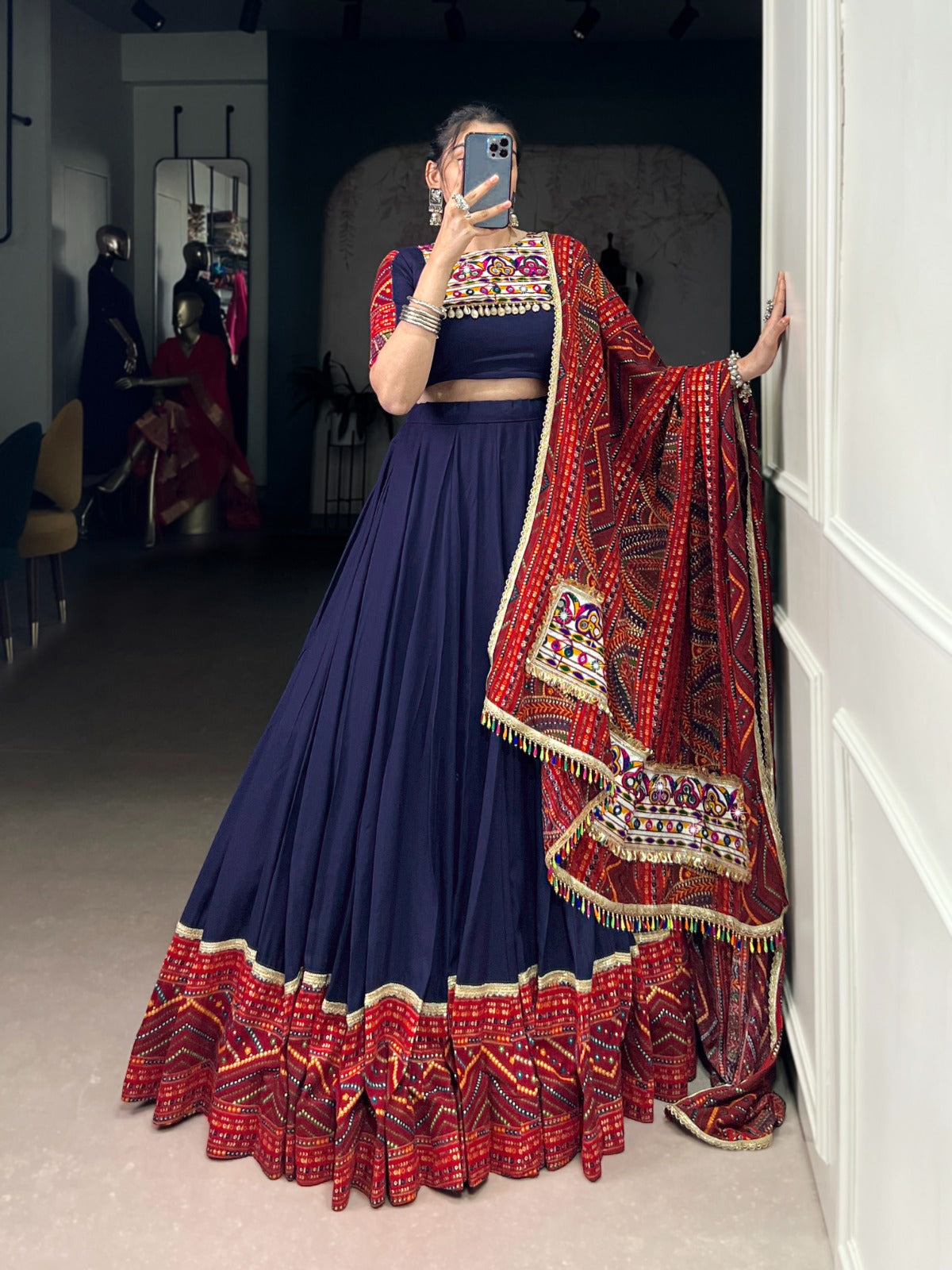 Lorenvalley Fashion Navyblue Pure Rayon Bandhej Print and Foil Work with Lace Touch Up Lehenga Choli with Dupatta | Grocsy