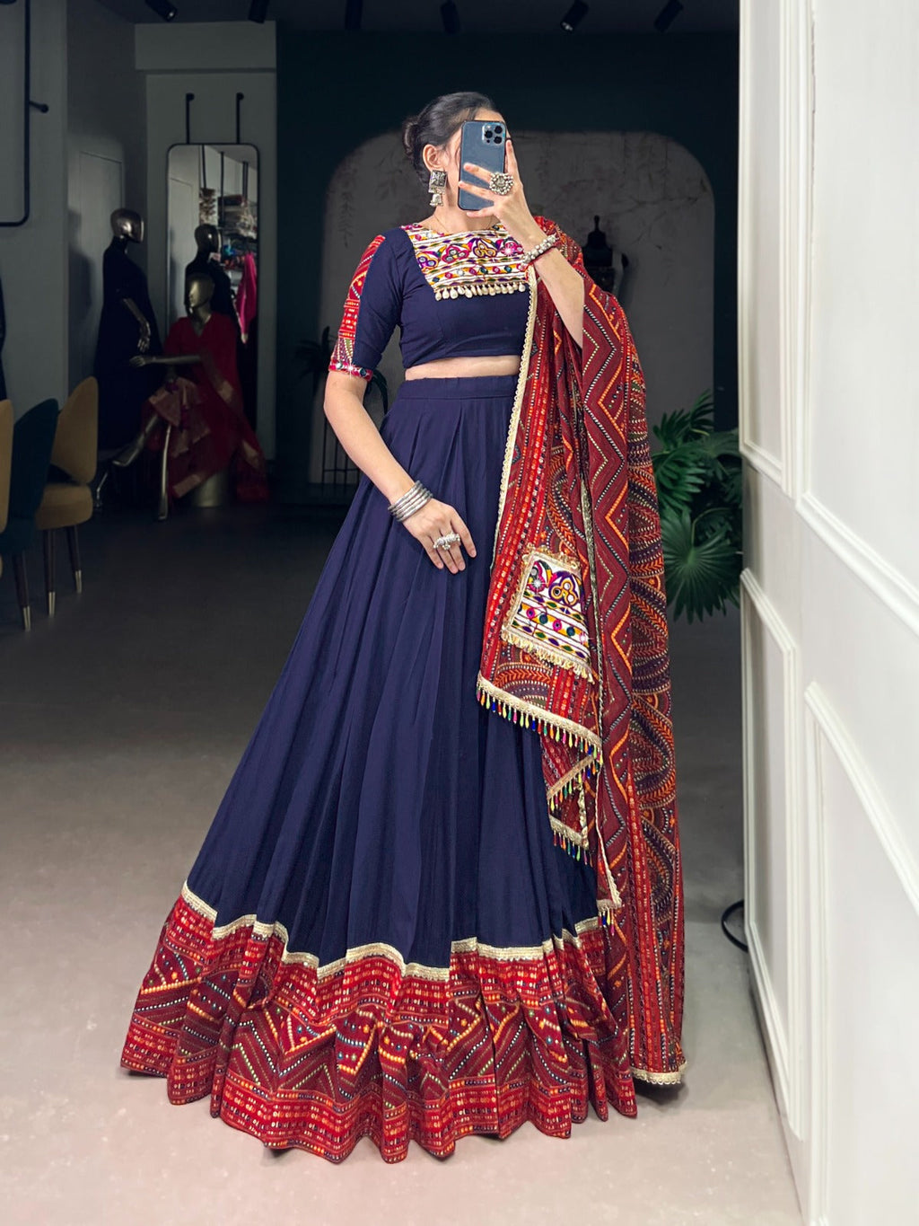 Lorenvalley Fashion Navyblue Pure Rayon Bandhej Print and Foil Work with Lace Touch Up Lehenga Choli with Dupatta | Grocsy